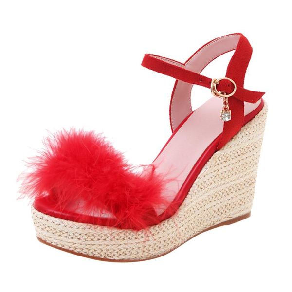

womens buckle flats open toe wedges thick bottom shoes comfortable roman sandals fur sandals wedges high heel shoes strap, Black