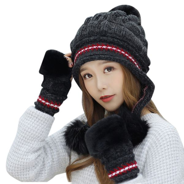 

women knitted venonat beanie hat+gloves winter warm comfortable ladies girls hats gloves set fashionable soft outdoor hat gloves, Blue;gray