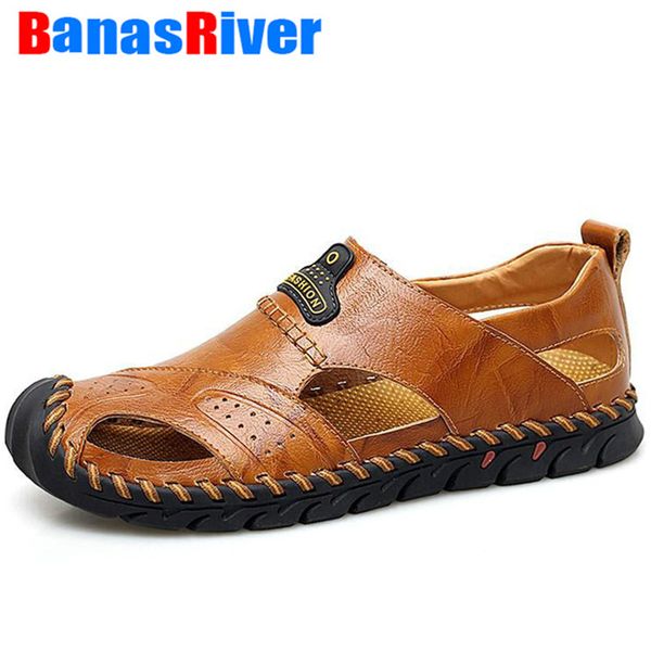 

luxury fashion slip on sneakers outdoor handmade summer sandals beach hollow breathable men's shoes leather causal plus size 48, Black