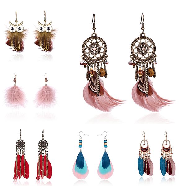 

boho ethnic long feather tassel dangle earrings for women vintage colorful owl leaf feather drop earrings brincos bride jewelry, Silver