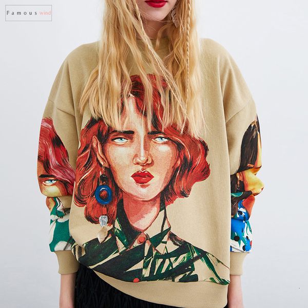 

streetwear character print knitted half women sweatshirt spring 2020 o neck long sleeve pullover oversized hoodie sweatshirts, Black