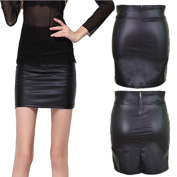 

ladies summer new skirts women's slim bodycon mini pencil skirt solid high waist wet look club wear black mini skirt