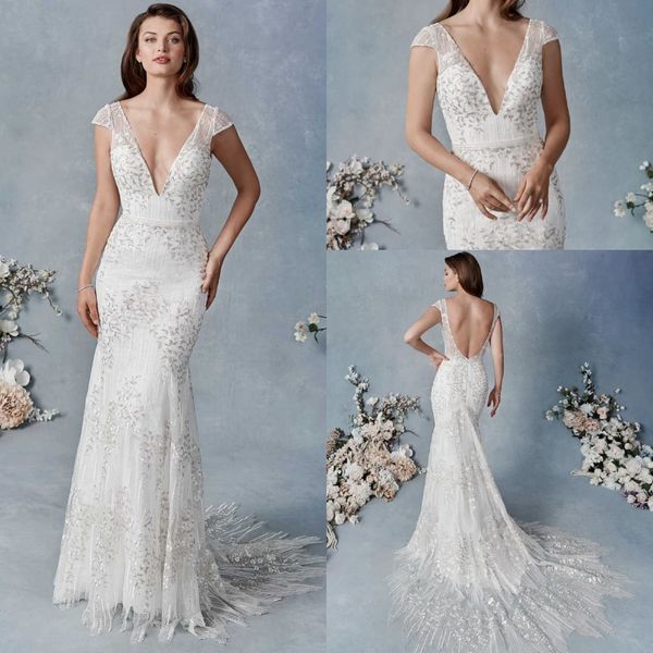 

mermaid kenneth winston wedding dresses v neck short sleeve tulle applique crystal backless wedding gown sweep train robe de mariÃ©e, White
