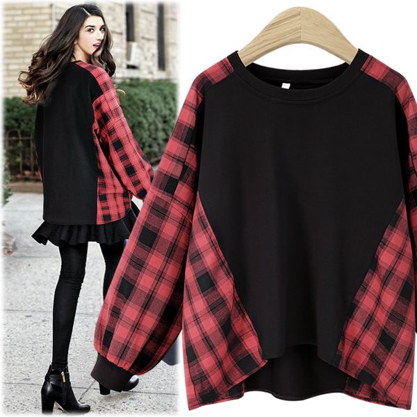 

2019 casual autumn women long sleeve stretchy boho plus size winter loose stitching plaid heathered tee batwing sleeve t-shirt, White
