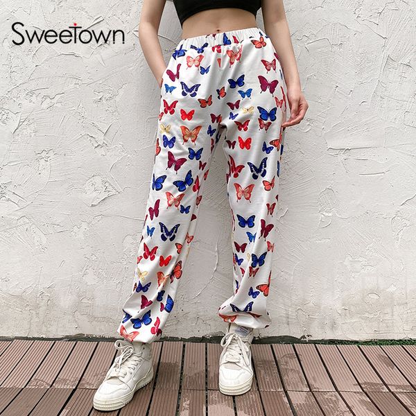 

sweetown colorful butterfly print womens jogger sweatpants casual elastic high waist pants female hip hop streetwear harajuku, Black;white