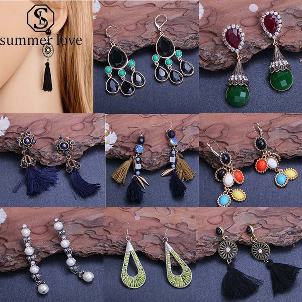 

2019 vintage ethnic big tassel dangle hook earrings for women 7 pair/lot bohemian long fringed geometric crystal drop earring jewelry gift, Silver