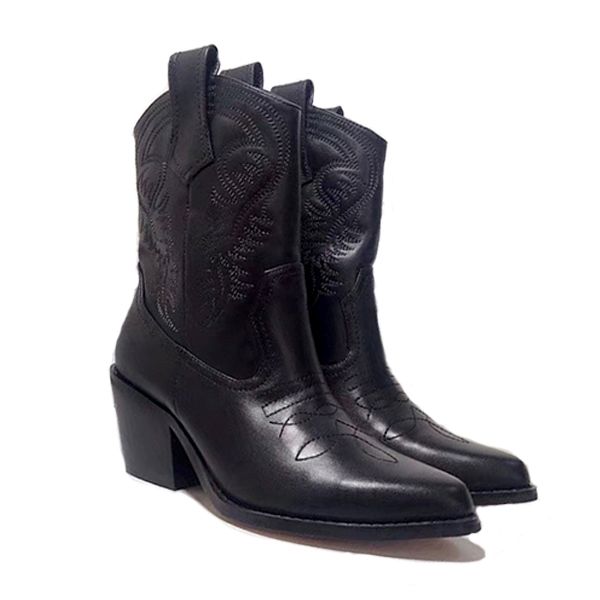 

women luxury designer western cowboy ankle boots fashion winter shoes polished leather embroidery booties good quality, Black