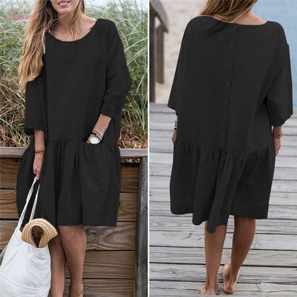

2020 spring summer dress women casual loose o neck 3 4 sleeve ruffle swing cotton solid color knee length dress jun2 4, Black;gray