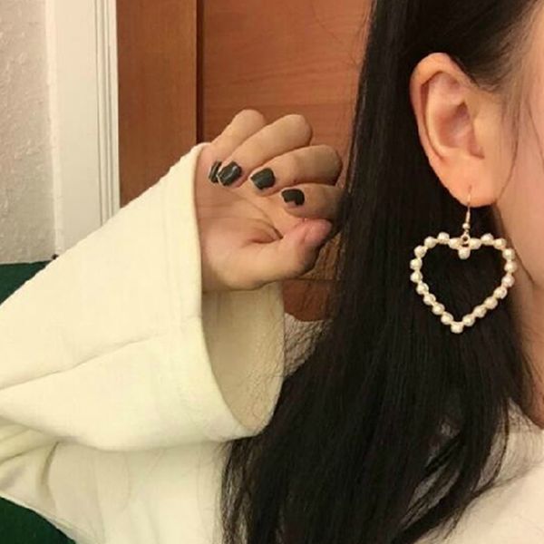 

e0286 new arrival gold color love heart drop earrings for women korean style pearl dangle earrings fashion party wedding jewelry, Silver