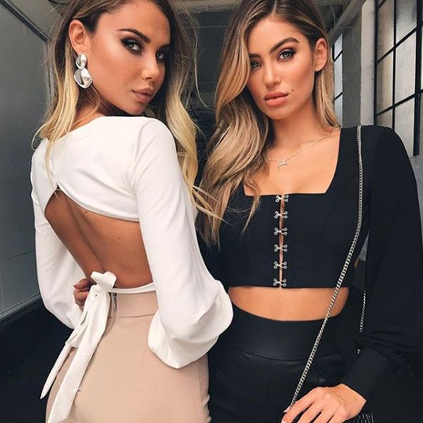 

crop tank for women lantern backless sleeve short t shirt women square collar summer crop women bow tie sexy, White