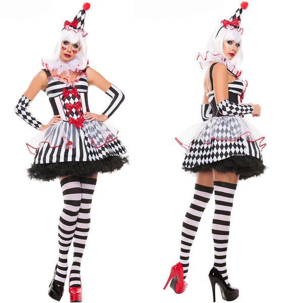 

circus girls clown cosplay costume female halloween carnival pretty evil jester women fancy party dress up outfits, Black;red