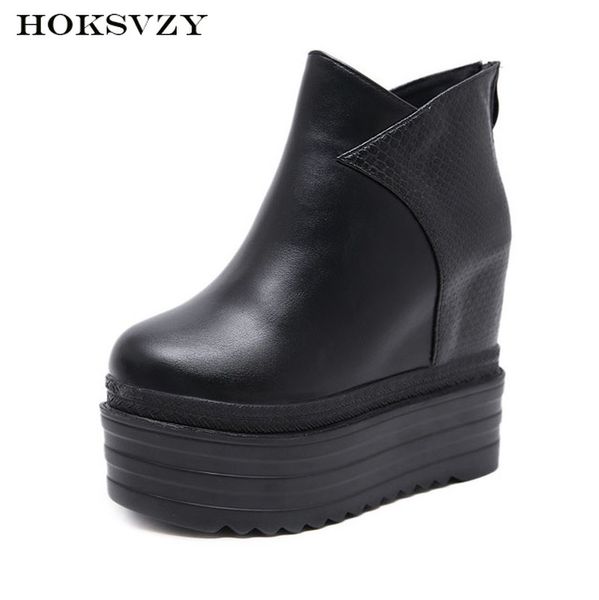 

hoksvzy 12.5cm wedge heels zipper matching high-heeled short boots thick-heeled short boots high winter shoes -558-5, Black