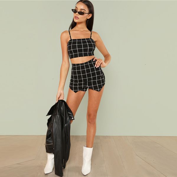 

grid two piece pants crop back tie cami and set plaid summer spaghetti strap clothes set stretchy two piece set, White