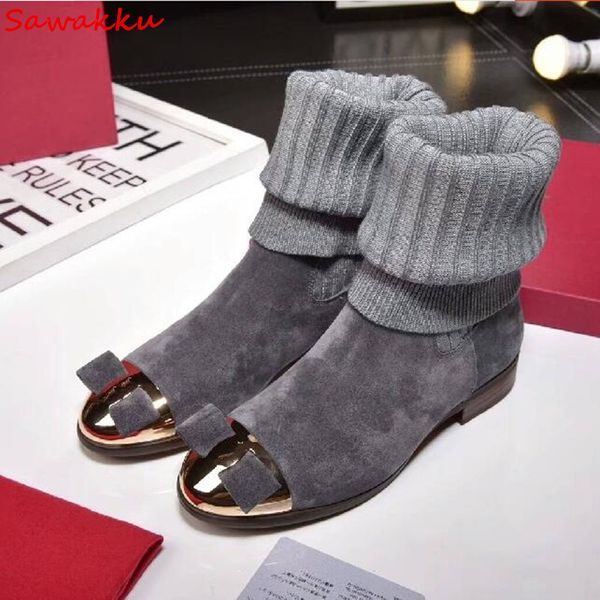 

women snow boots multicolor butterfly-knot short plush knitting wool cow suede mid-calf slip on elastic boots zapatillas mujer, Black