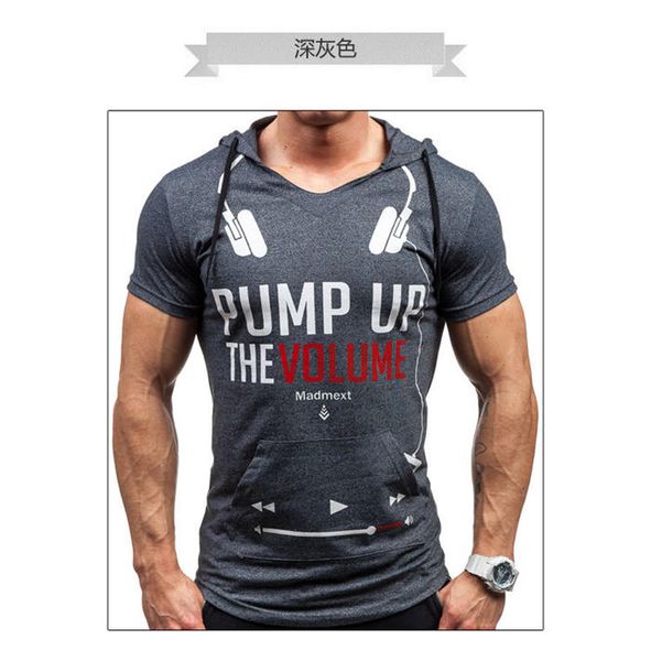 

Pump Up The Volume Print TShirts Hooded Slim Short Sleeve Mens Tops Summer Casual Mens Clothing