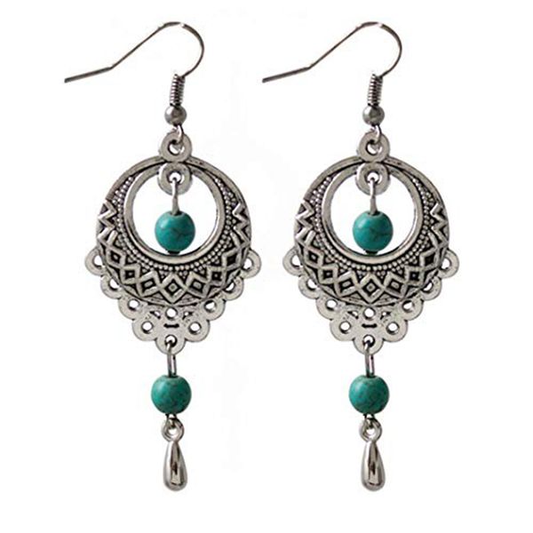 

retro calaite gemstones hollow ethnic style dangle long water drop earring ear stud for travel, Silver