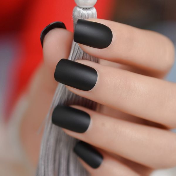 

black false nail solid matte finish faux nails medium square plastic artificial fingernails with adhesive tabs 24ct, Red;gold