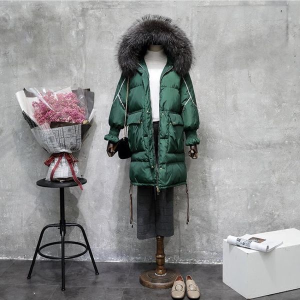 

winter good quality over the knee longer duck down coat female plus size thicker big natural fur hooded warm down coats wq525, Black