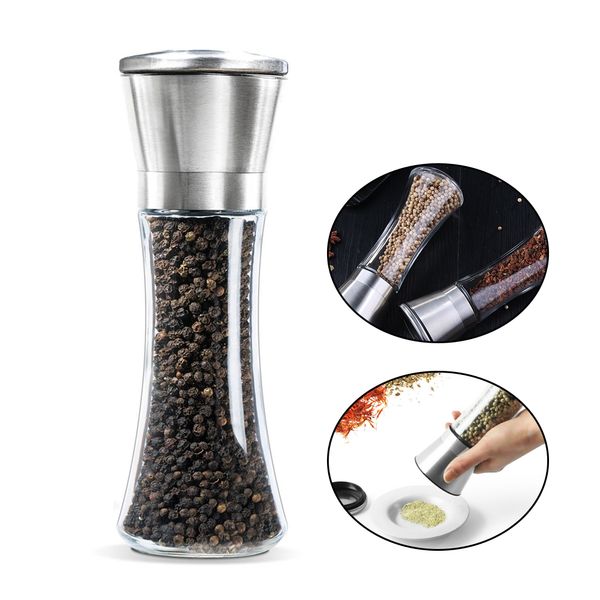 

premium salt and pepper grinder seasoning bottle adjustable and easy to use, 304 stainless steel thick glass body, kitchen tools
