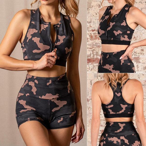 

missky 2pcs/set women camouflage matching leisure yoga exercise sports suit, White