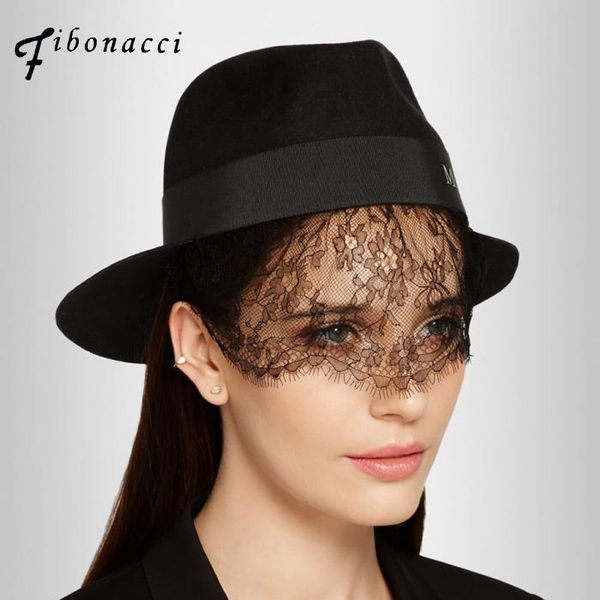 

fibonacci maison michel wool fedoras hats for women felt hat black bud silk veils ladies fedora caps lady fashion hat, Blue;gray