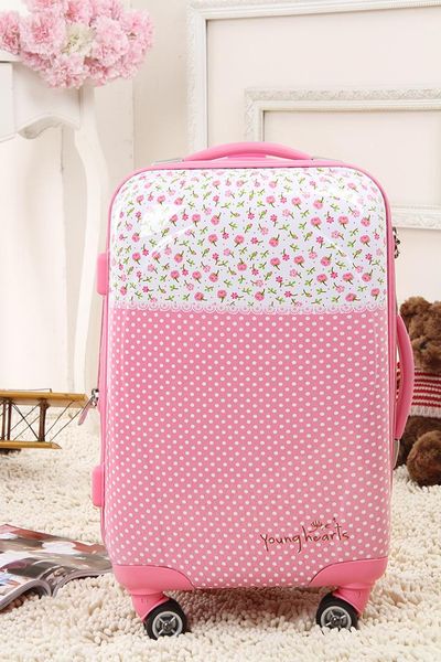 

wholesale20 inches female cute pink polka dot flower print abs+pc hardside travel luggage bag on 8-universal wheels