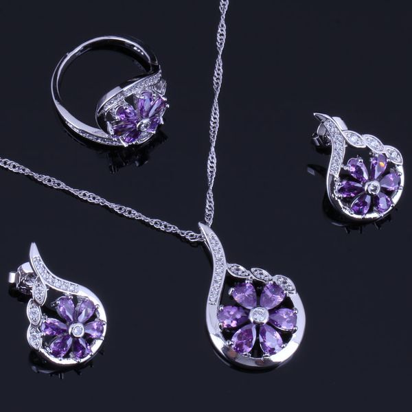 

flower purple cubic zirconia white cz 925 sterling silver jewelry sets for women earrings pendant chain ring v0318