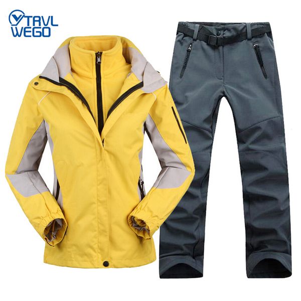 

trvlwego women camping hiking skiing jacket pants 1 set winter outdoor waterproof windproof with thicken fleece coat&trousers, Blue;black