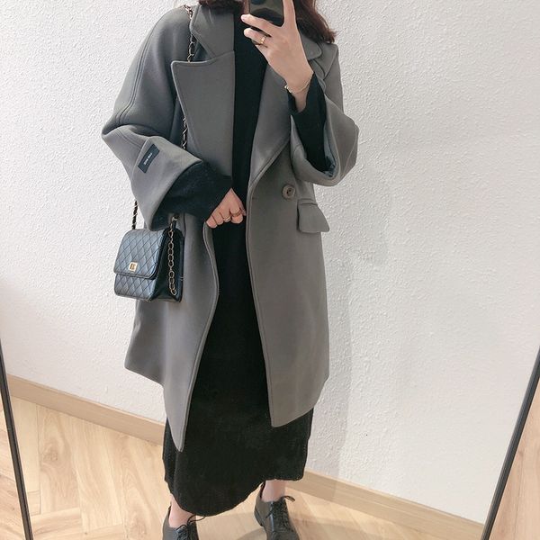 

mooirue autumn winter women long woolen coat long sleeve slim elegant gray brown coat outwear, Black