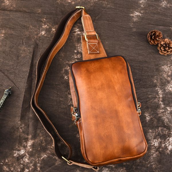 

leather vegetable tanned chest bag for men's messenger bag men genuine leather chest bags casual bags
