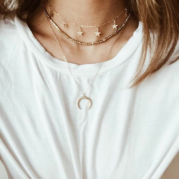 

classic fashion necklace european american popula moon five-pointedstar pendant necklace female dress matching gift jewelry, Silver