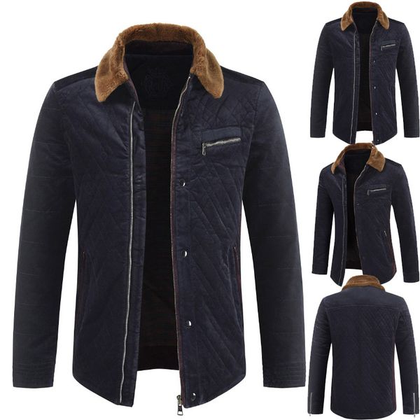 

2019 new men winter cotton wool and wool big cotton-padded jacket lapel fashion diamond lattice men, Black