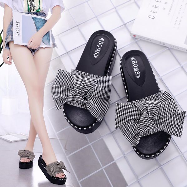 

womens spring platform sandals ladies 2020 summer slippers thick-bottom butterfly-knot waterproof wedge sandals shoes, Black