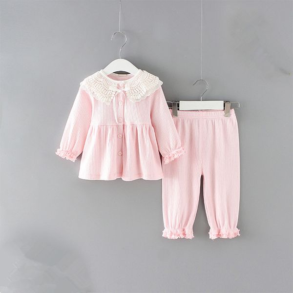 

2019 children's set baby girls clothing sets spring cotton lace cute suits kids clothes pink 0-2y, White