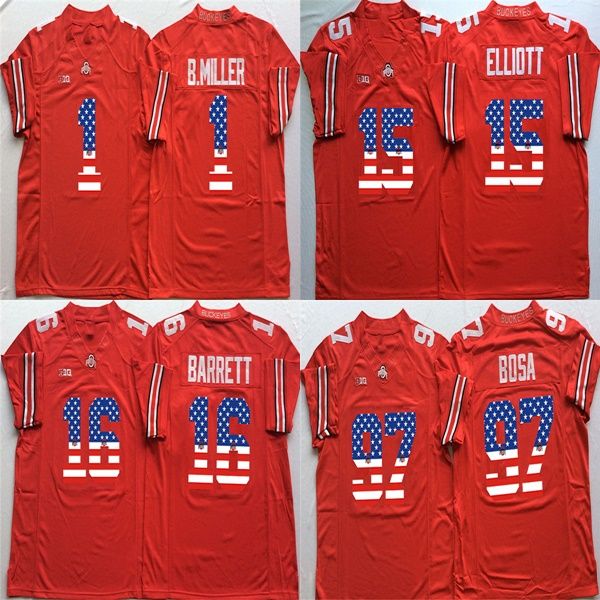 

mens custom ohio state buckeyes 1 b.miller 15 elliott 16 barrett 97 bosa red 3 full stitched logos usa flag college football jerseys, Black;red