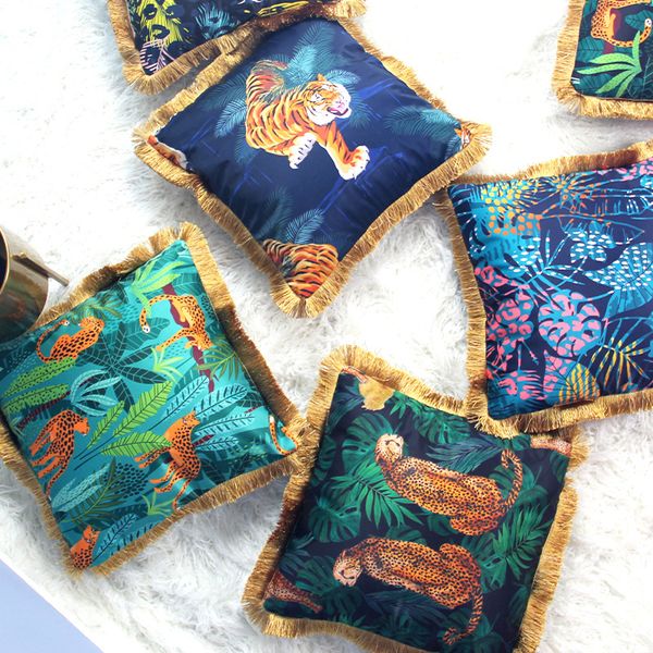 

silk tropical forest animal pillow cover golden tassels decoration pillowcase cushion cover home decorative pillowcase