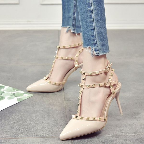 

summer new 2020 european and american rivet pointed high heels fashion stiletto nude banded roman sandals female, Black