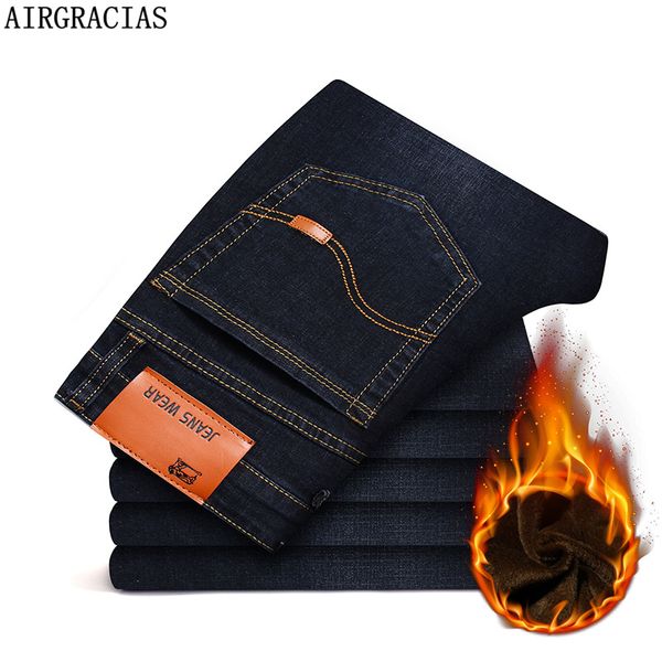 

airgracias 2019 new men warm jeans winter denim jeans thicken fleece men long trouser 28-44, Blue