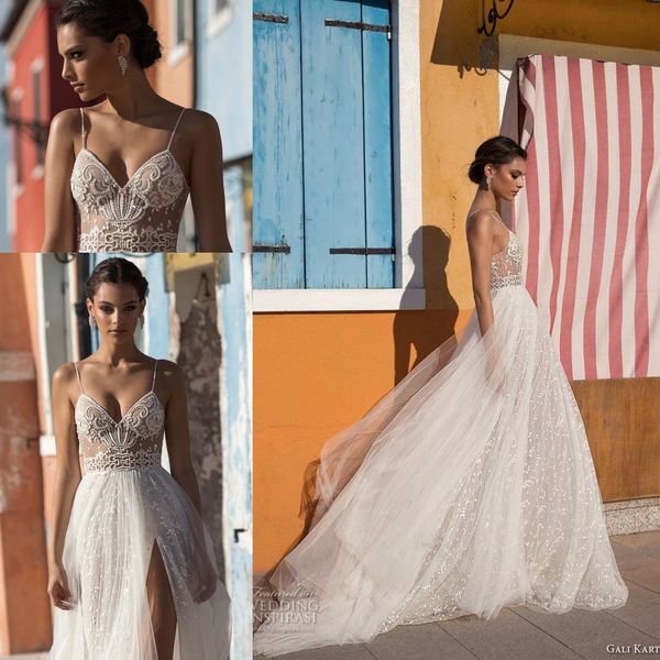 

gali karten beach wedding dresses spaghetti straps lace tulle illusion split boho sweep train bohemian birdal wedding gowns bm0846, White