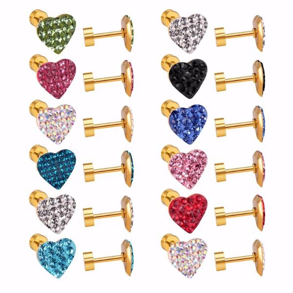 

12pairs/lot wholesale 316l stainless steel 9mm heart shape stud earrings for women gold/steel screw earrings new ear jewellery, Golden;silver