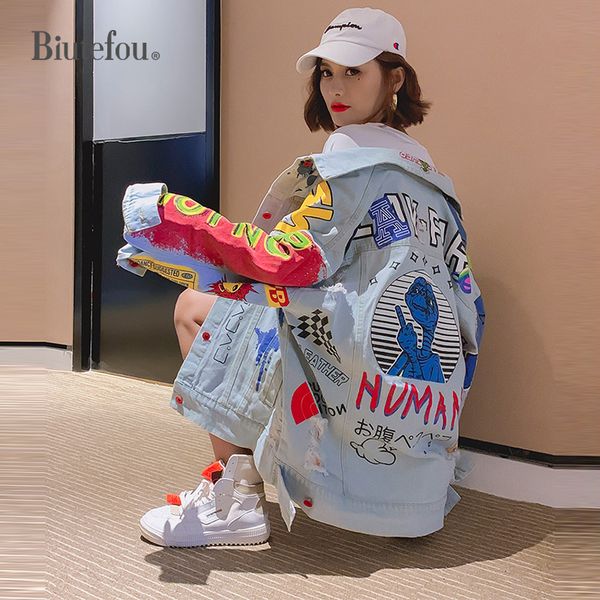 

2019 autumn denim jackets hole cartoon graffiti women chic jackets, Black;brown