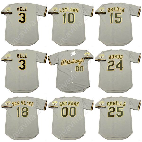 

PIRATES 1992 Baseball Jersey 3 JAY BELL 10 JIM LEYLAND 15 DOUG DRABEK 18 ANDY VAN SLYKE 25 BOBBY BONILLA 24 BARRY BONDS PITTSBURGH Men