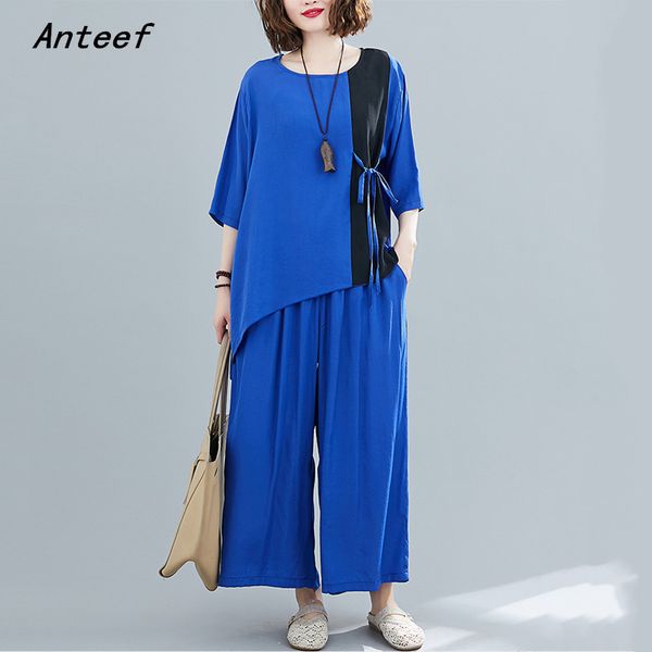 

women's t-shirt plus size vintage summer casual 2 two piece set loose long tee t shirt women ladies tshirt 2021 wide leg pants, White