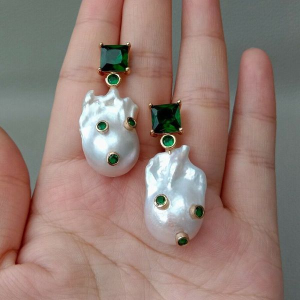 

cultured white baroque pearl green cz rhinestone earrings, Silver