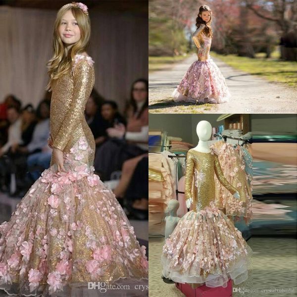 Novos vestidos de concurso sereia jóia lenço de ouro de gola longa mangas compridas flores 3d flores crianças flores vestidos de aniversário vestidos de convidado de casamento