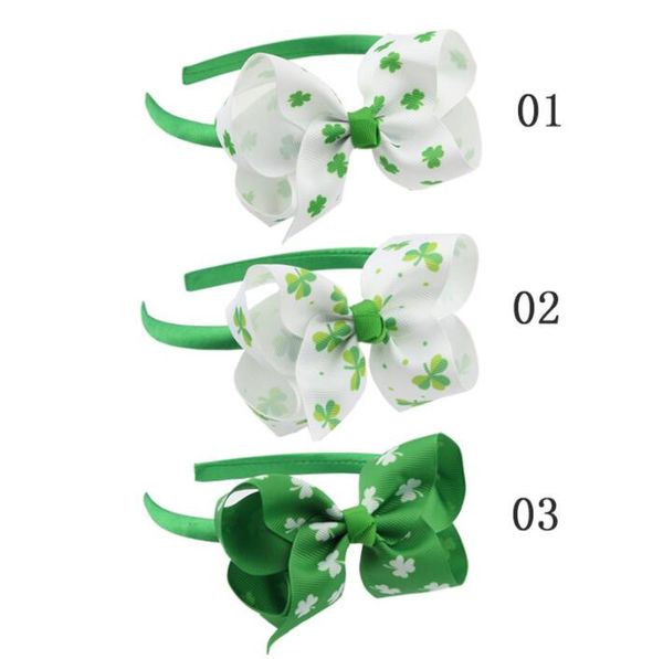 

3color clover hair bow for kids st. patrick day hair grosgrain ribbon bows head hoop hairgrips shamrock girls' head accessories, Slivery;white