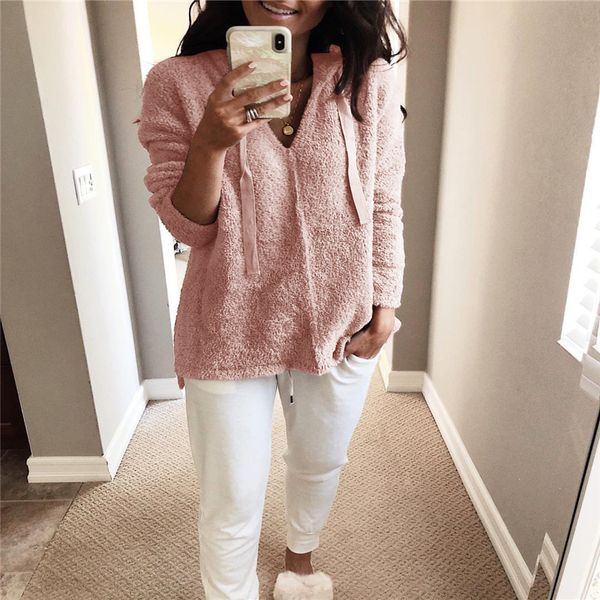 

vogue women winter plush warm hoodies female solid long sleeve v neck lady pullovers loose hooded sweatershirts femme, Black