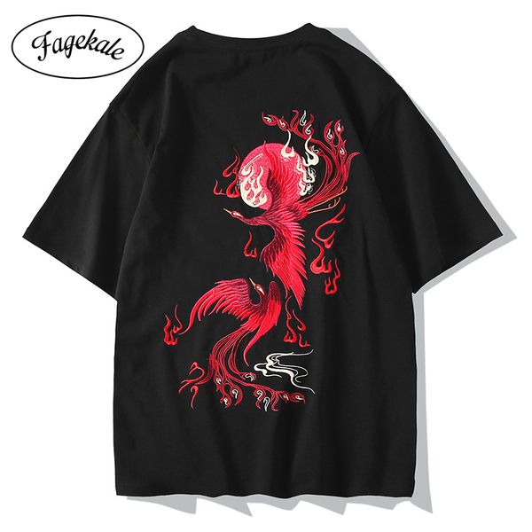 

2020 new chinese style phoenix embroidered cotton t-shirt national tide personality large size loose shirt short sleeve men, White;black