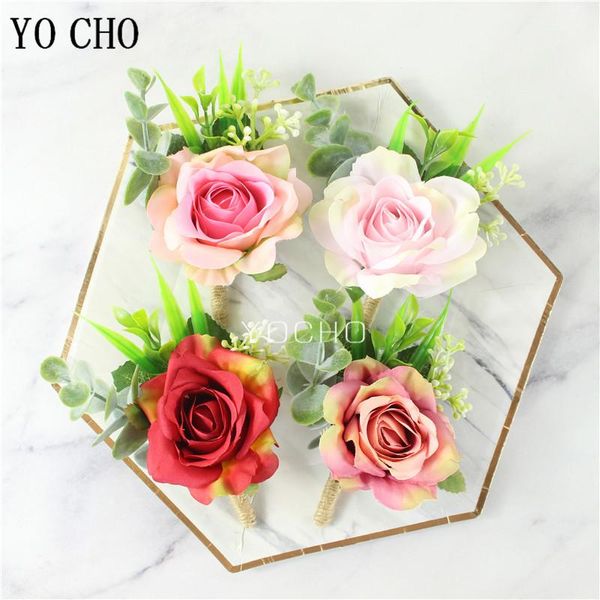 

yo cho wrist corsage girl bracelet groom boutonniere pin wedding men buttonhole bridesmaids wristbands wedding silk rose flower tvnxf, Black;gray