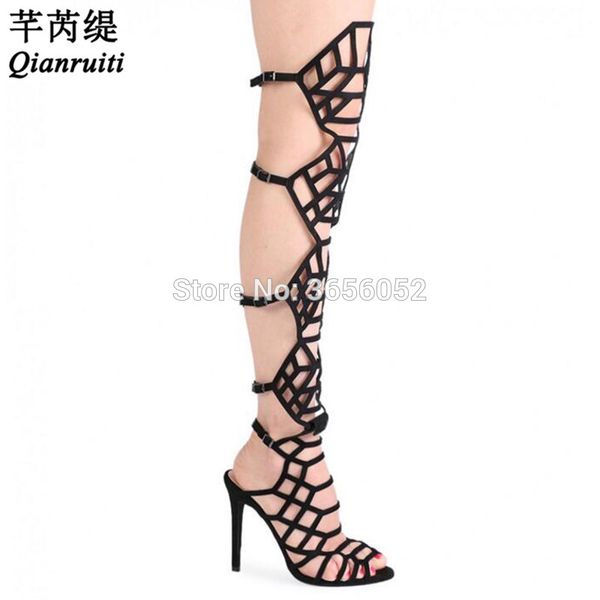 

qianruiti buckle straps black shoes cut outs caged long gladiator sandals summer booties women high heels thigh high boots